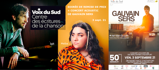 Visuel pour la soirée de remise du prix Voix du Sud avec affiche du concert de Gauvain Sers, photos de Igit et de Melba