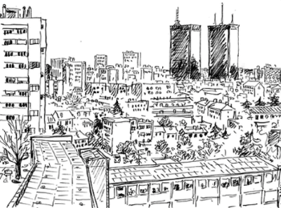 Dessin de Troubs, toits et immeubles d'une ville