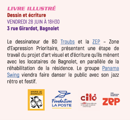 Annonce de l'activité Dessin et écriture vendredi 28 juin 2024 avec logo des partenaires