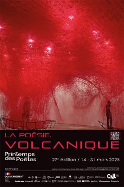 Affiche du printemps des poètes avec la reproduction d'une oeuvre (fils rouges) de Shiota Chiharu