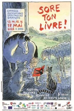 affiche du festival avec dessin d'un enfant lisant et animaux