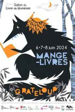 Affiche du Salon : dessin d'un loup noir dans une forêt, lisant un livre