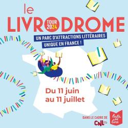 Affiche du Livrodrome, dessin de la France en blanc sur fond bleu clair avec livres qui volent