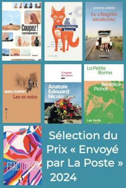 Couvertures des sept livres sélectionnés sur fond bleu turquoise