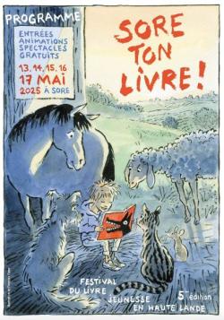affiche du festival 2025 avec dessin d'un enfant lisant entouré d'animaux