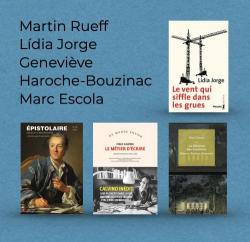noms et couvertures des livres des interviewés sur fond bleu