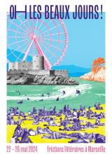 Affiche du festival, photo recomposée avec plagistes, vagues, château d'If au loin