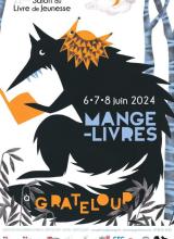 Affiche du Salon : dessin d'un loup noir dans une forêt, lisant un livre