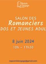Visuel pour Salon des romanciers ados, inscription jaune sur fond orangé avec pétales de fleurs sur les côtés