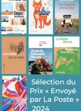 Couvertures des sept livres sélectionnés sur fond bleu turquoise