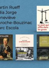 noms et couvertures des livres des interviewés sur fond bleu